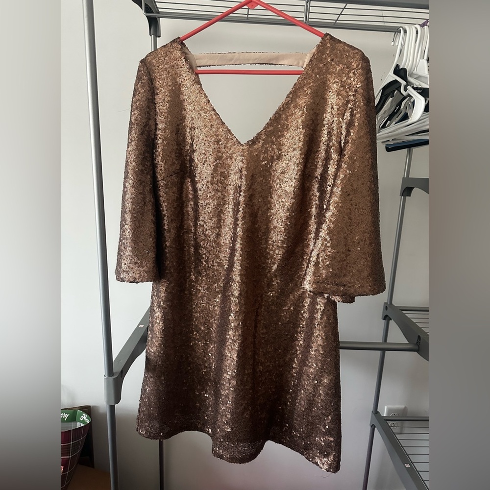 JustFab Rose Brown Sequin Sheath Dress with Bell Sleeves